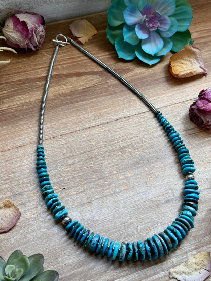 Dark Blue Turquoise Graduated Necklace with Sterling Silver Pearls & Hematite – 23”