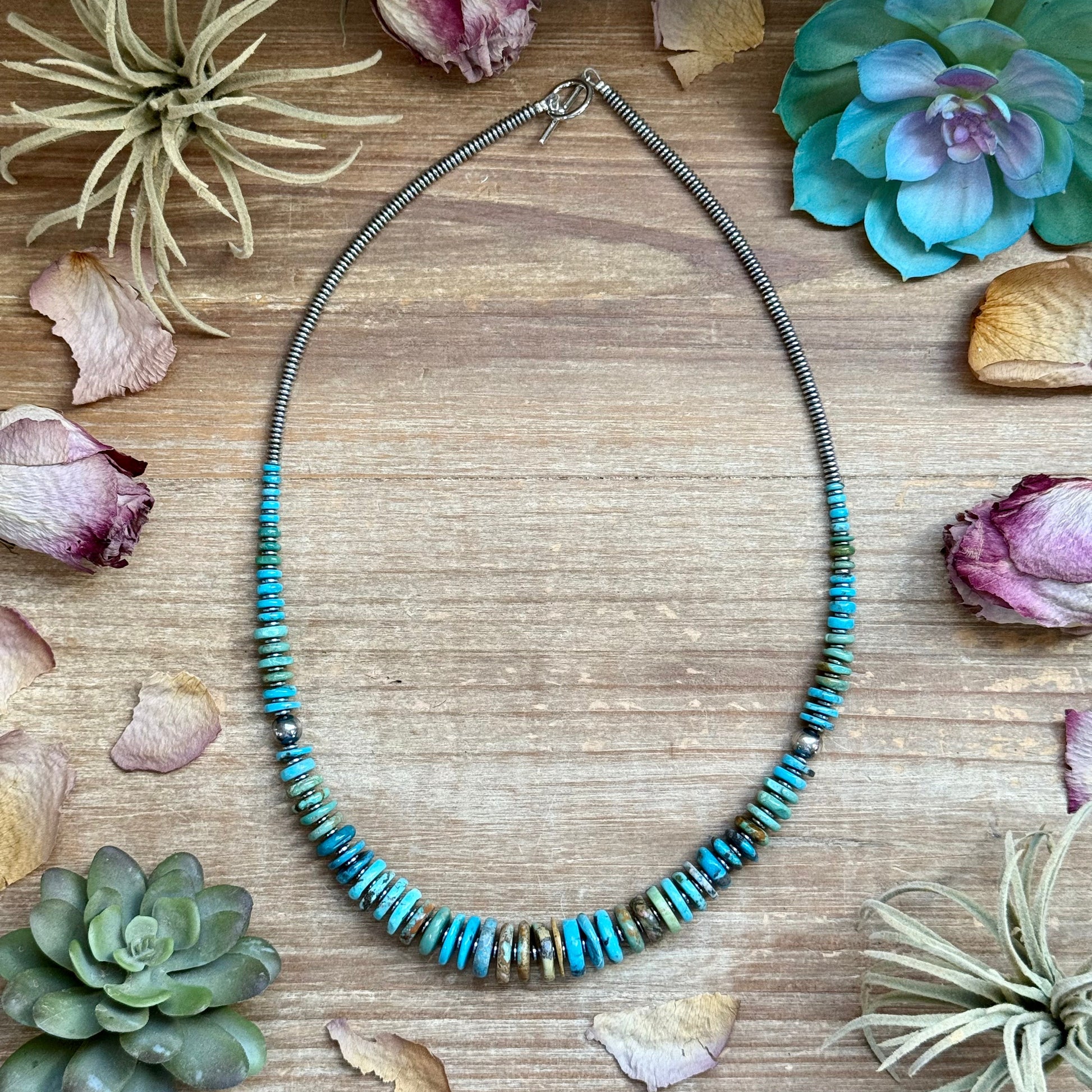 23 inch tri color graduated turquoise necklace with sterling silver pearls and hematite, handmade by The Bijoux FAB