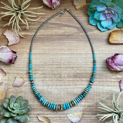 23 inch tri color graduated turquoise necklace with sterling silver pearls and hematite, handmade by The Bijoux FAB