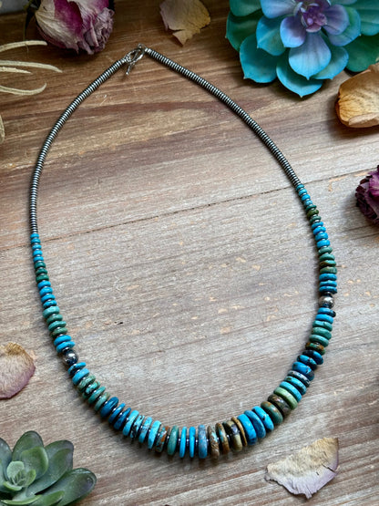 Tri-Color Graduated Turquoise Necklace with Sterling Silver Pearls & Hematite – 23”