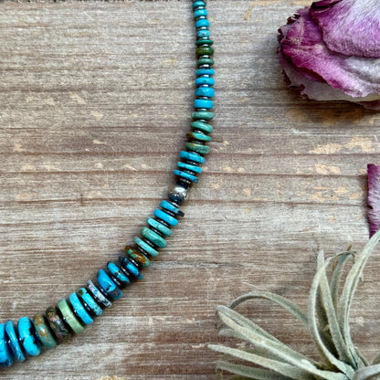 Tri-Color Graduated Turquoise Necklace with Sterling Silver Pearls & Hematite – 23”