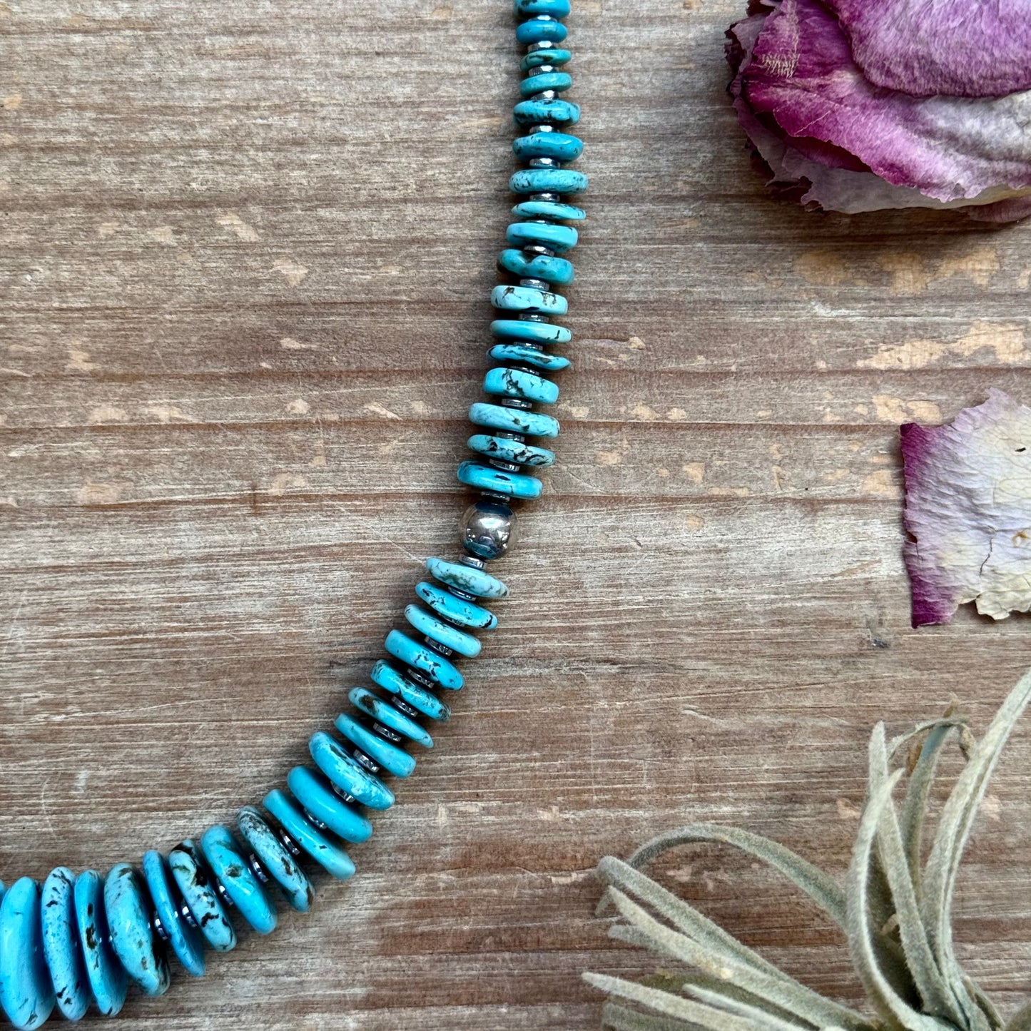 Light Blue Turquoise Graduated Necklace with Sterling Silver Pearls & Hematite – 23”