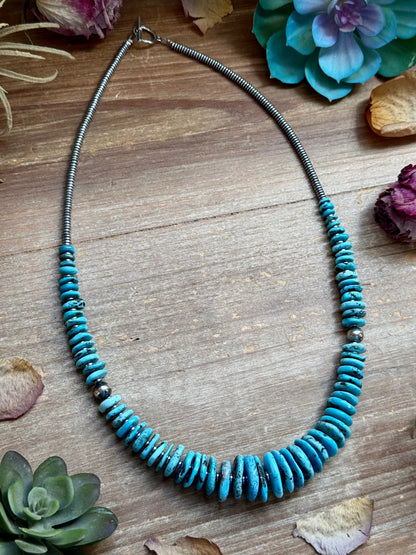 Light Blue Turquoise Graduated Necklace with Sterling Silver Pearls & Hematite – 23”