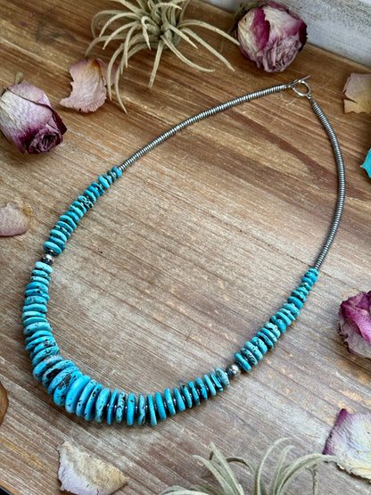 Light Blue Turquoise Graduated Necklace with Sterling Silver Pearls & Hematite – 23”