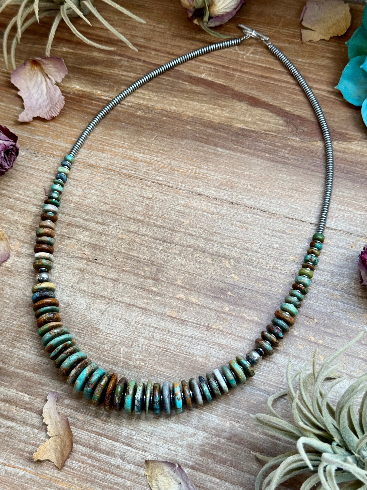 Green Turquoise Graduated Necklace with Sterling Silver Pearls & Hematite – 23”