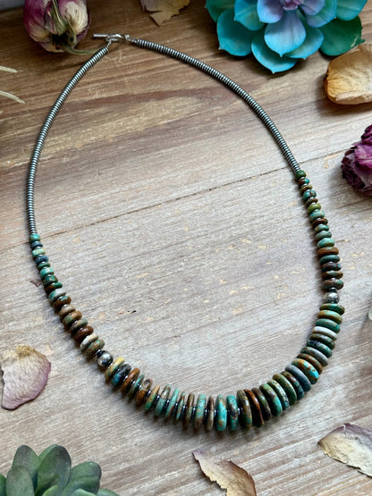 Green Turquoise Graduated Necklace with Sterling Silver Pearls & Hematite – 23”