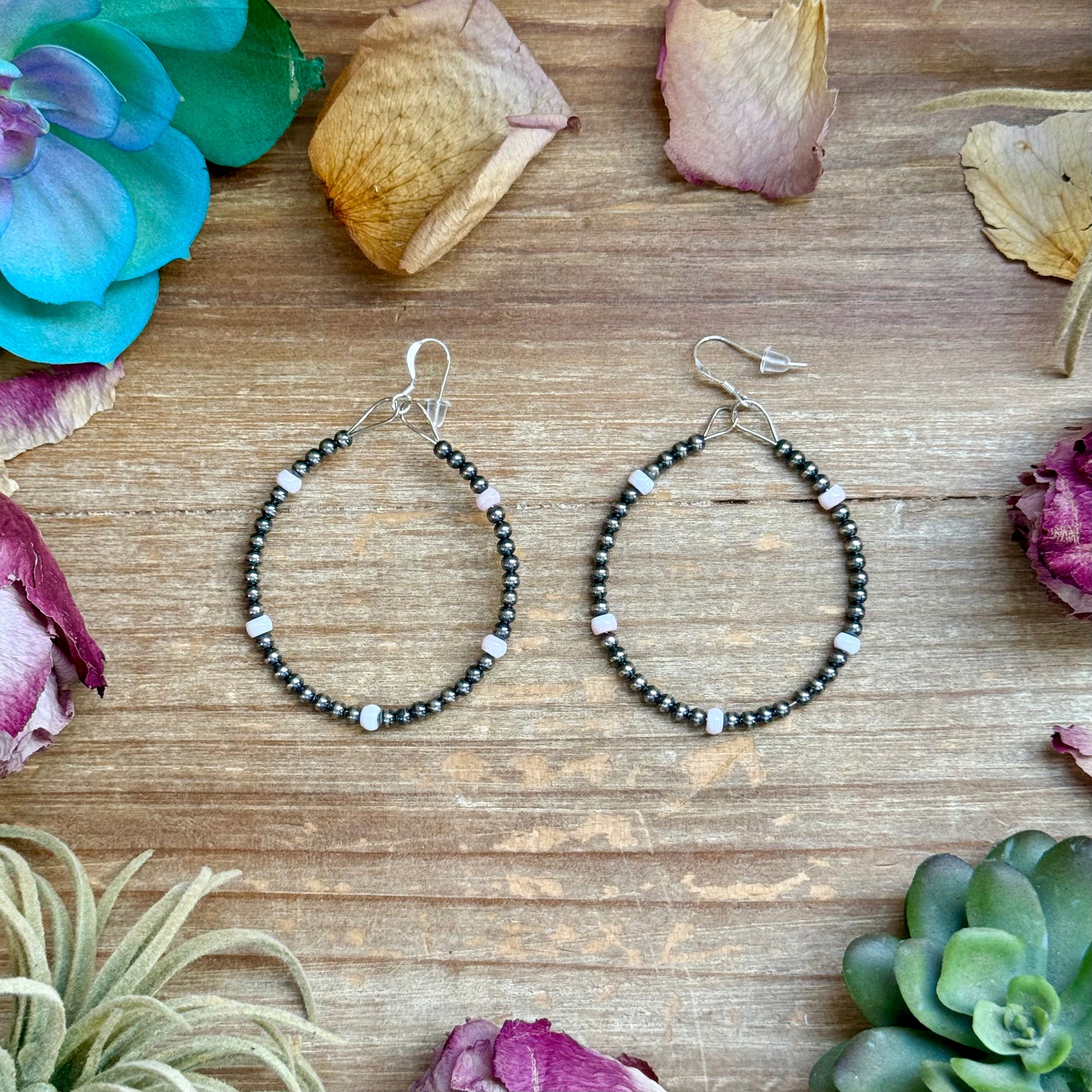 Pink conch hoop earrings with sterling silver pearls and hooks, lightweight, each pair unique
