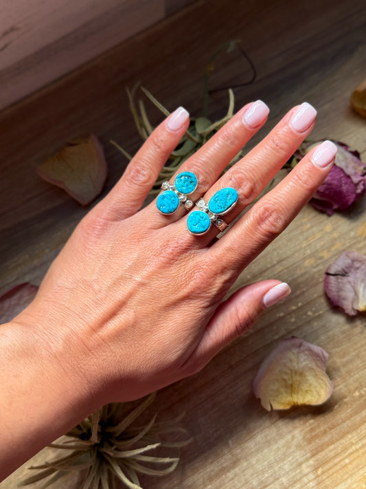 Sterling silver textured ring with Kingman turquoise stone, available in sizes 7 and 7.5, made in the USA