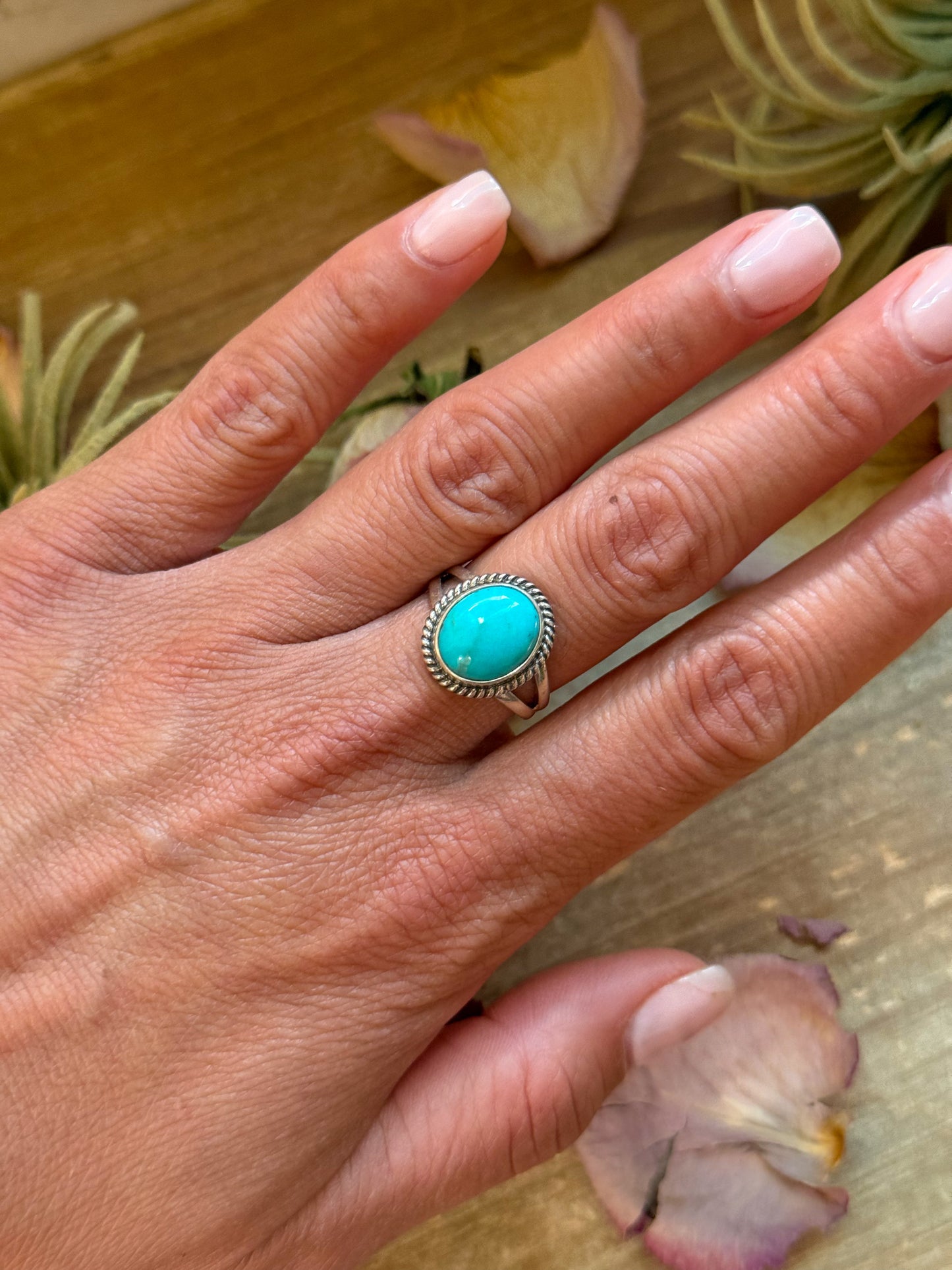 Size 8 sterling silver ring with genuine Kingman turquoise, stamped ZIA and Sterling, handmade in New Mexico, USA