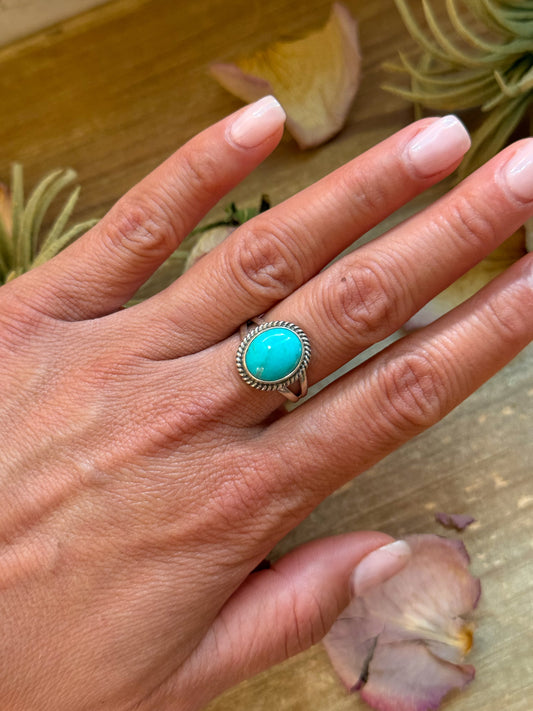 Size 8 sterling silver ring with genuine Kingman turquoise, stamped ZIA and Sterling, handmade in New Mexico, USA