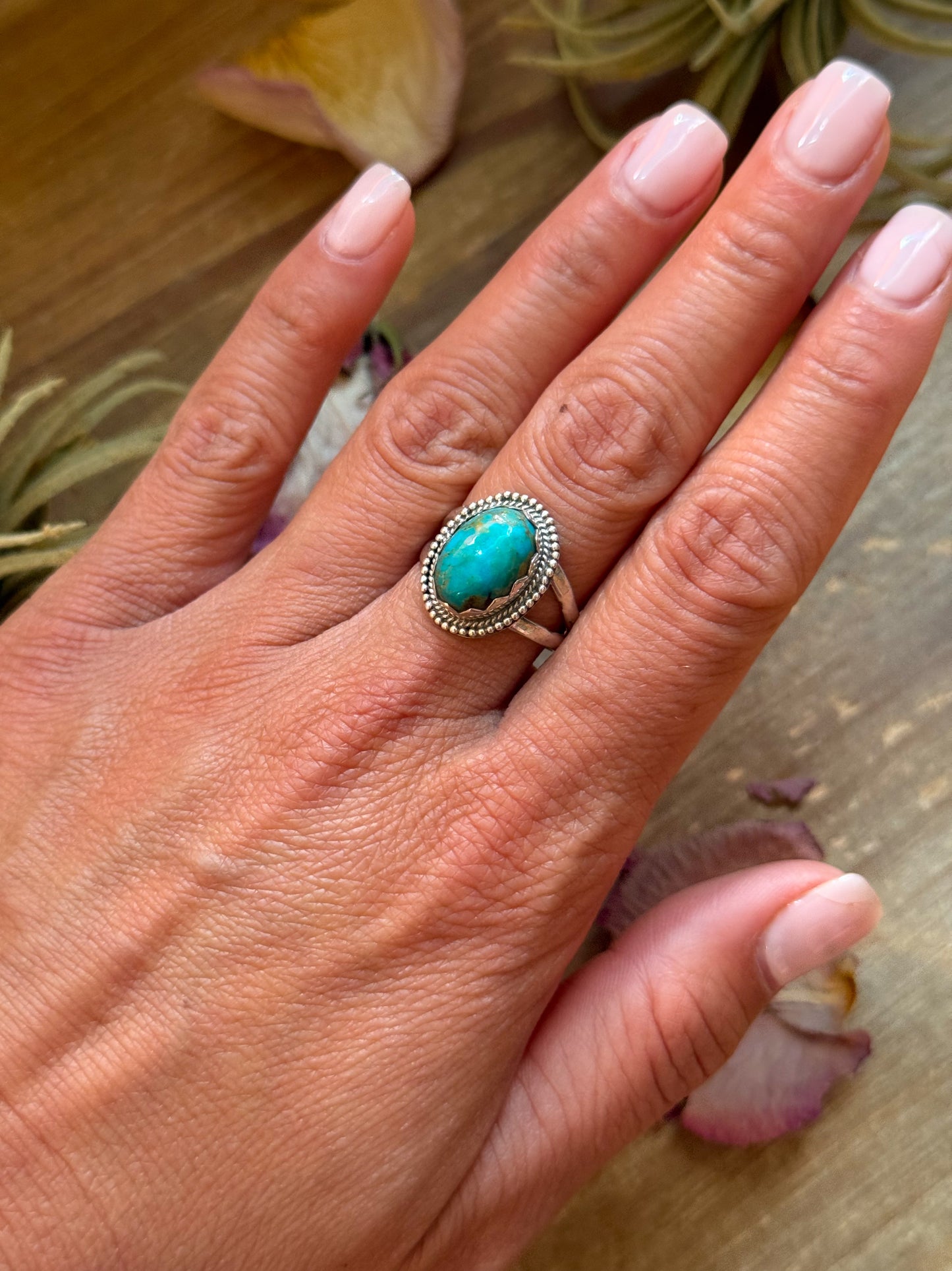 Size 8.5 sterling silver ring with Kingman turquoise, stamped ZIA and Sterling, handmade in New Mexico USA