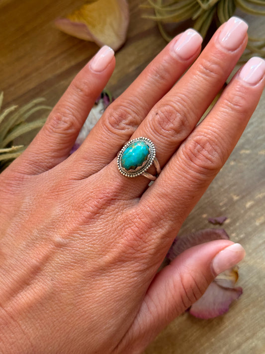 Size 8.5 sterling silver ring with Kingman turquoise, stamped ZIA and Sterling, handmade in New Mexico USA