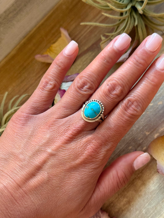 Size 8 sterling-silver ring with genuine Kingman turquoise, stamped Sterling, made in the USA