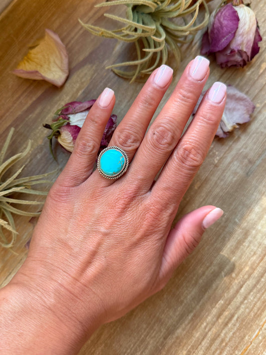 Size 6 sterling-silver ring with Kingman turquoise, stamped ZIA and Sterling, handmade in New Mexico USA