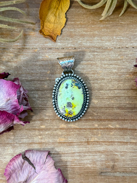 Sterling silver Palomino pendant, 2 inches long and 1.25 inches wide, 8 mm bail, handmade in New Mexico, USA