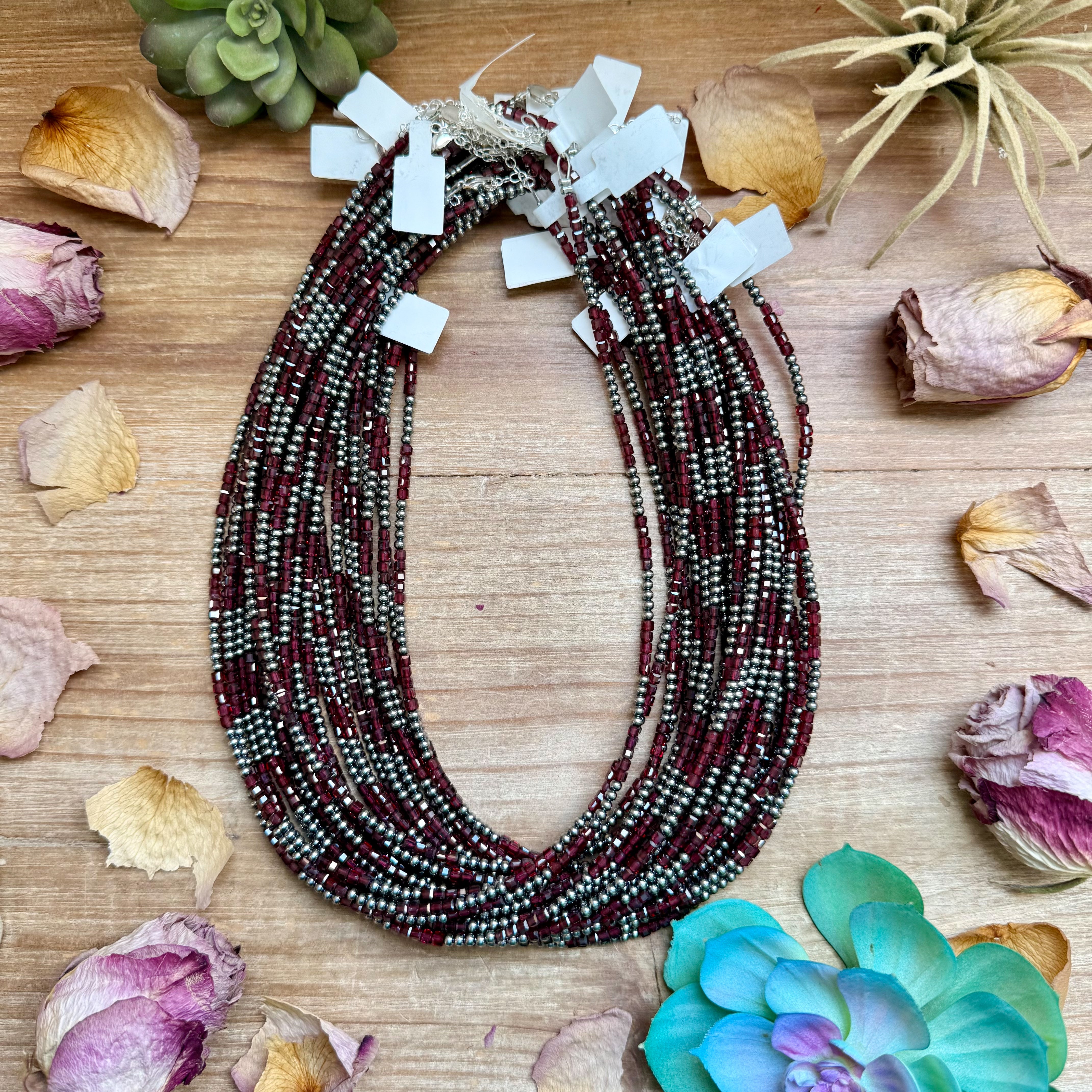 Dark Red Natural Garnet Necklace – Sterling Silver Pearls – 18.5