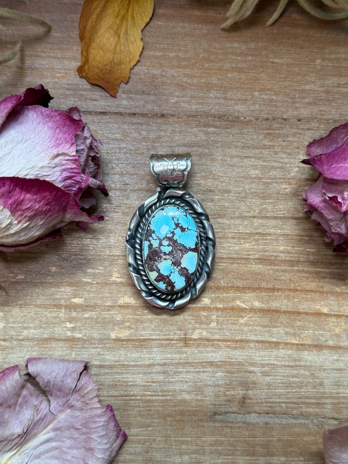 Sterling-silver pendant with Golden Hills turquoise and detailed border work, stamped Sterling, 8 mm bail, handmade in New Mexico, USA