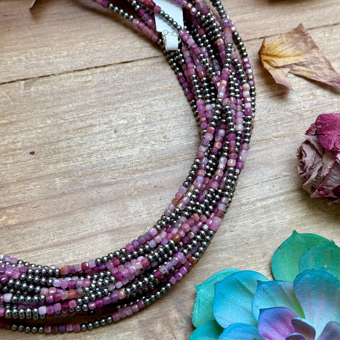 19 inch natural cubic ruby necklace with sterling silver pearls, handmade by The Bijoux FAB
