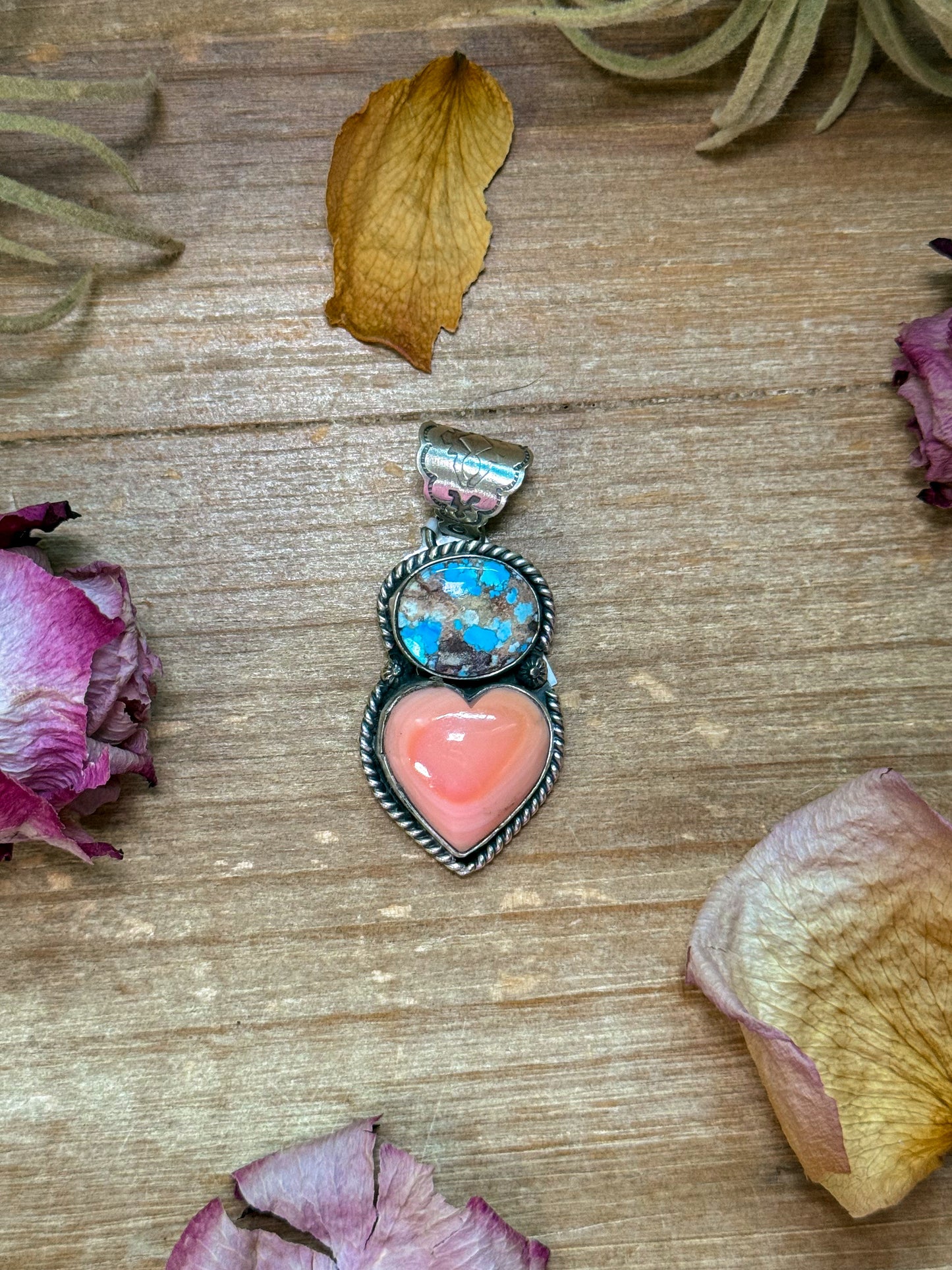 Sterling-silver pendant with Golden Hills turquoise and pink conch stones, stamped Sterling, 8 mm bail, handmade in New Mexico USA