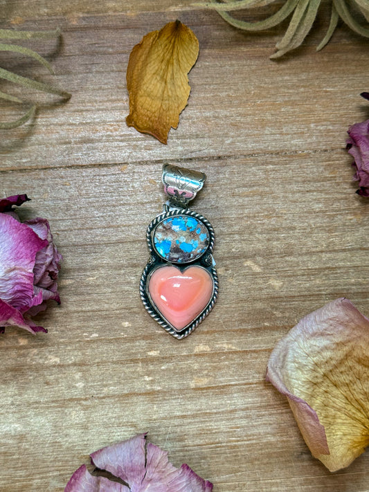 Sterling-silver pendant with Golden Hills turquoise and pink conch stones, stamped Sterling, 8 mm bail, handmade in New Mexico USA