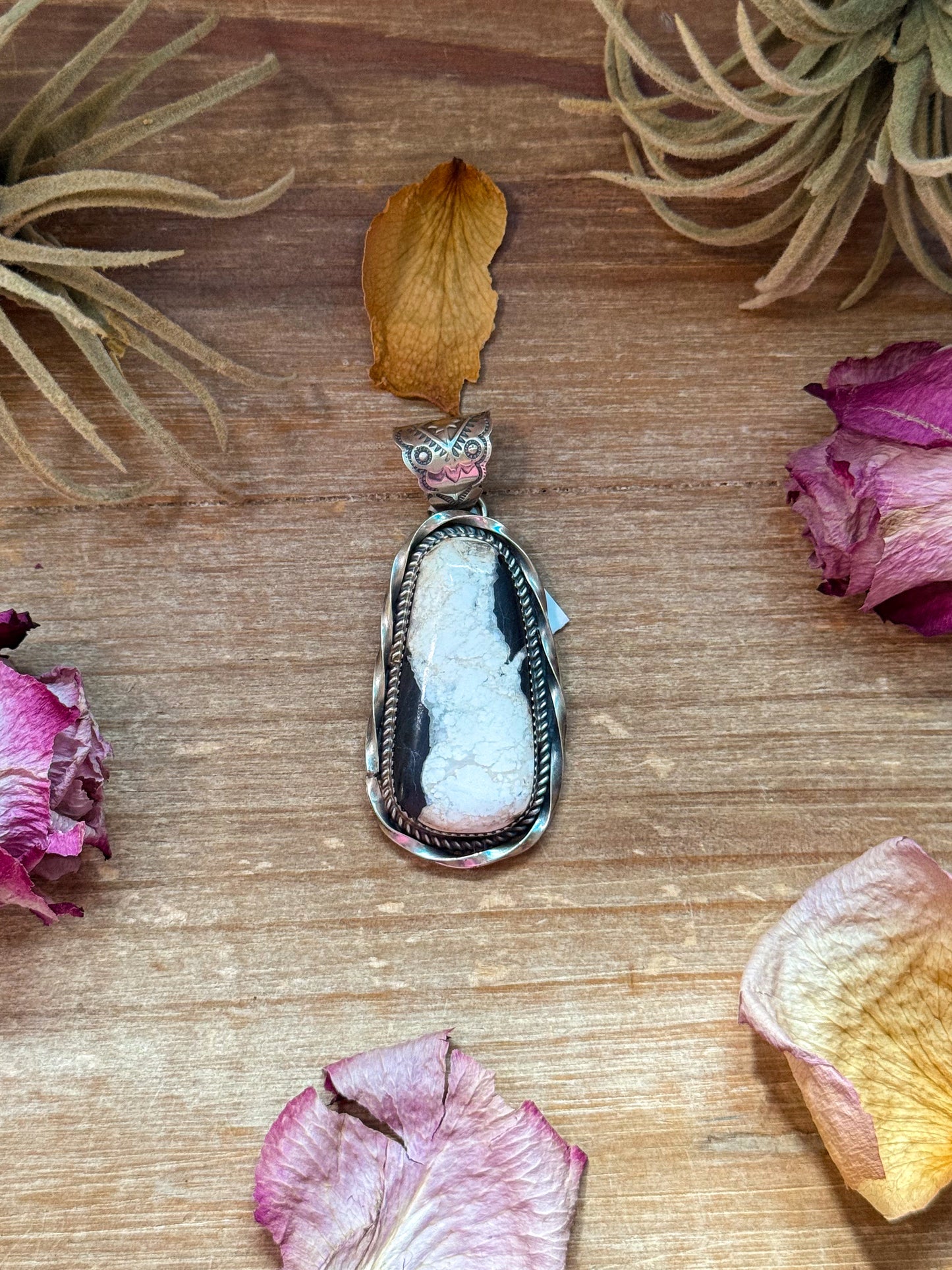 Free-form White Buffalo sterling-silver pendant, 2.75 inches long by 1.5 inches wide, 8 mm bail, handmade in New Mexico USA