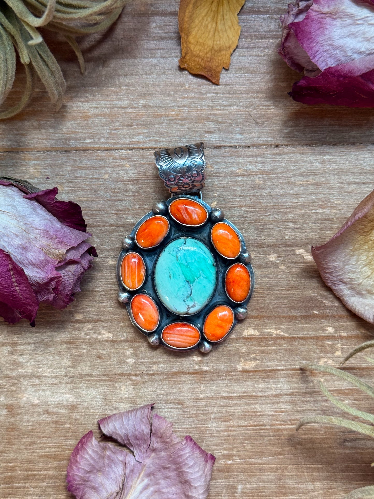 Sterling-silver pendant with Spiny Oyster and Emerald Rose stones, stamped BJA and Sterling, 10 mm bail, handmade in the USA