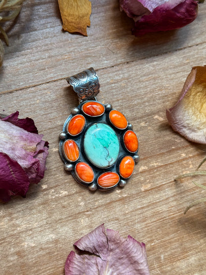 Spiny Oyster & Emerald Rose Sterling Silver Pendant