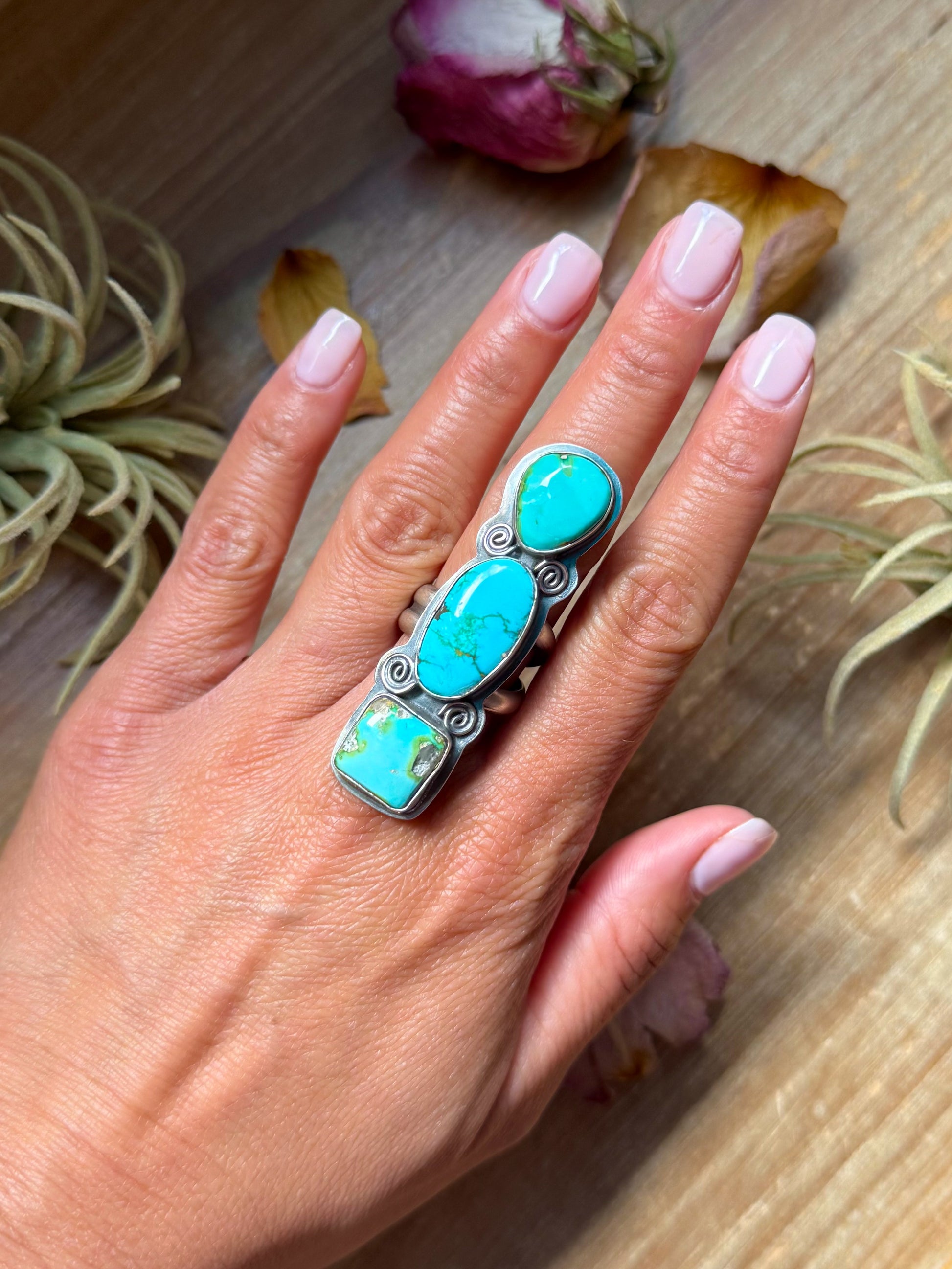 Adjustable sterling-silver 3-stone Sonoran turquoise ring, stamped R and Sterling, handmade in the USA