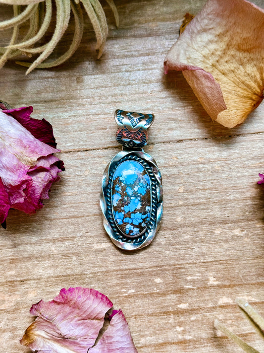 Sterling-silver pendant with Golden Hills turquoise, 2 inches long × 1 inch wide, 8 mm bail, handmade in New Mexico USA