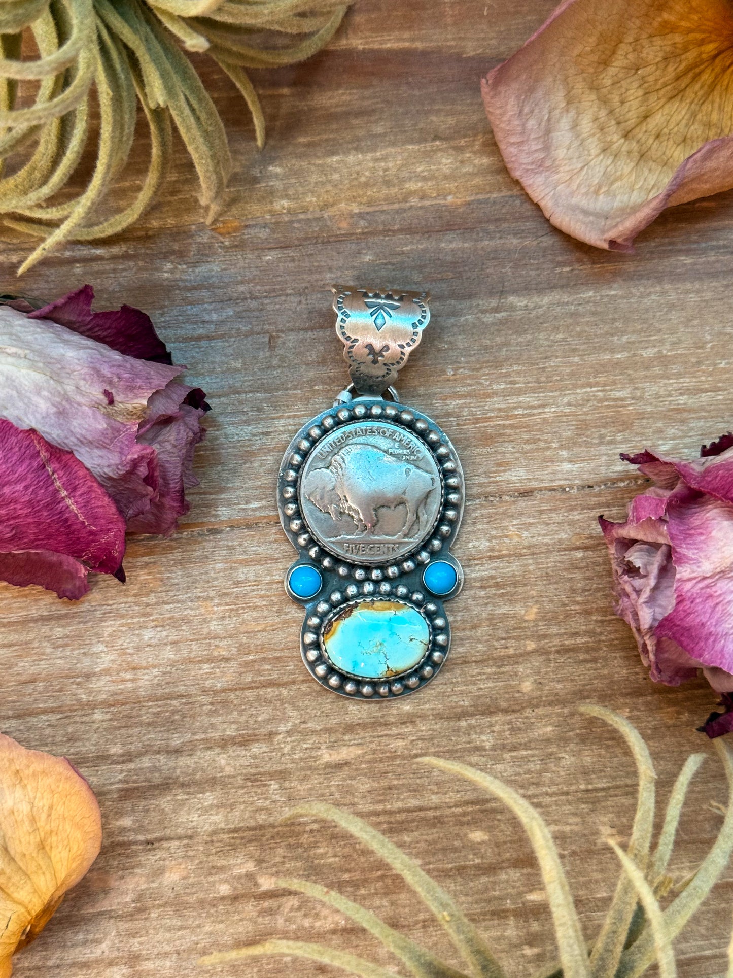 Sterling-silver pendant with Golden Hills turquoise, Kingman turquoise, and buffalo coin, 10 mm bail, handmade in New Mexico USA