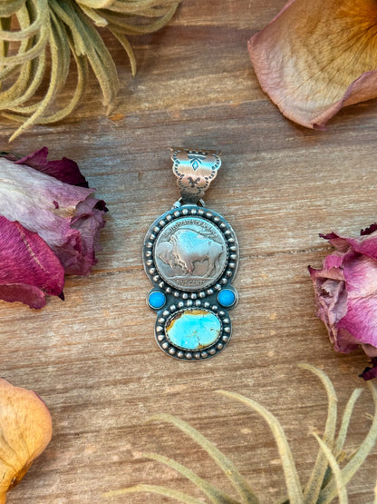 Sterling-silver pendant with Golden Hills turquoise, Kingman turquoise, and buffalo coin, 10 mm bail, handmade in New Mexico USA