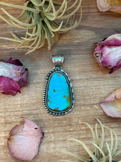Free-form Kingman turquoise sterling-silver pendant, 3 inches long by 1.75 inches wide, 10 mm bail, handmade in New Mexico USA