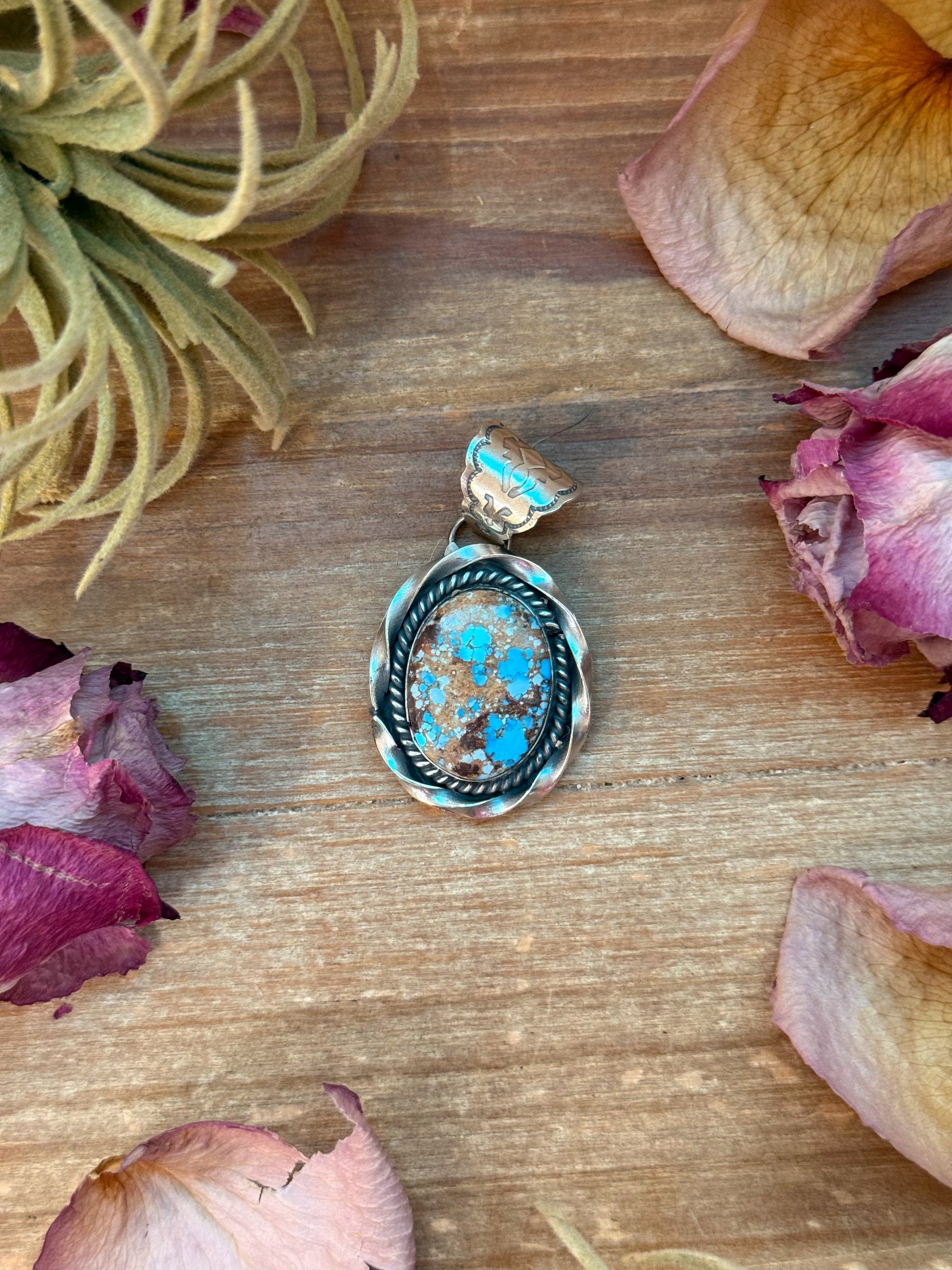 Sterling-silver pendant with Golden Hills turquoise, 2 inches long by 1.25 inches wide, 8 mm bail, handmade in New Mexico USA
