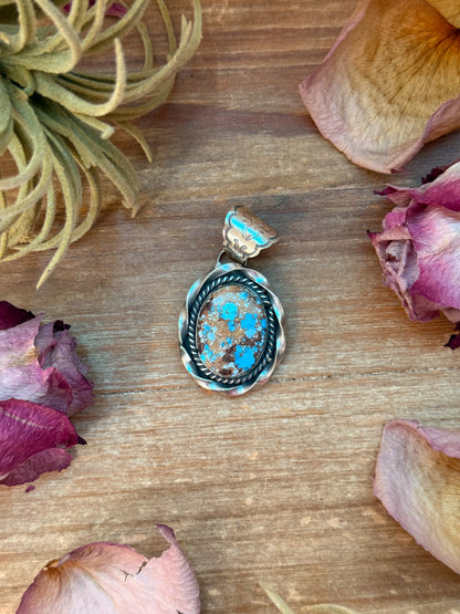 Sterling-silver pendant with Golden Hills turquoise, 2 inches long by 1.25 inches wide, 8 mm bail, handmade in New Mexico USA