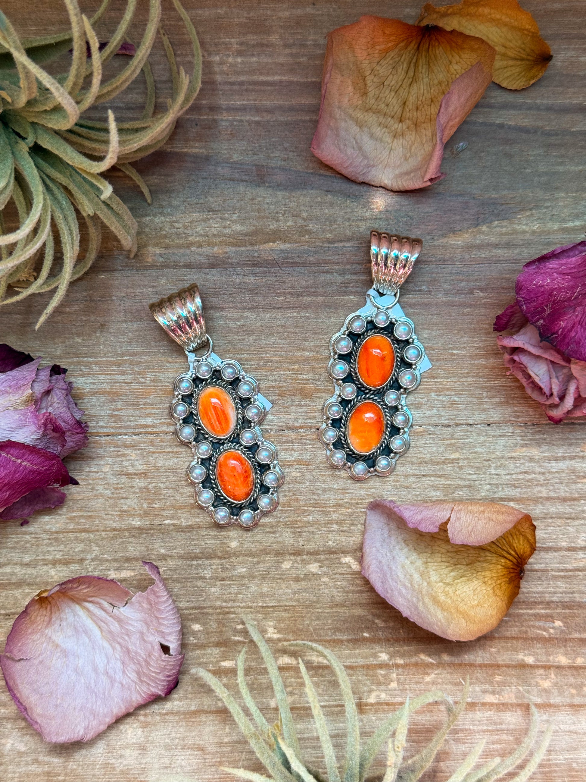 Sterling-silver pendant with orange spiny oyster and pearls, 2.5 inches long by 1 inch wide, 10 mm bail, handmade in the USA