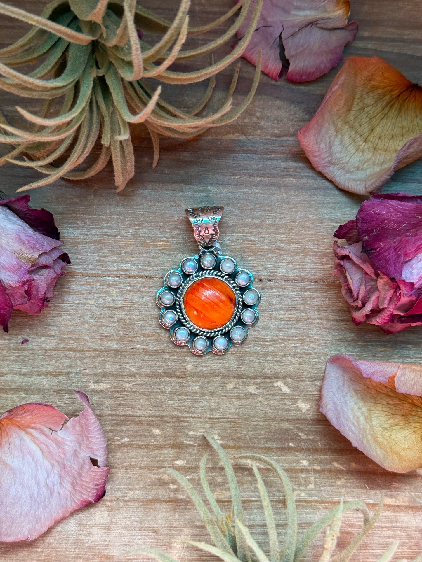 Round sterling-silver pendant with orange spiny shell and pearl, 2 inches long by 1.5 inches wide, 8 mm bail, handmade in the USA