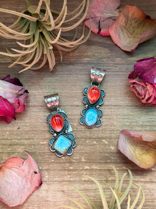 Sterling-silver pendant with red spiny oyster and Golden Hills turquoise, stamped Gilbert Nez and Sterling, 2.5 inches long by 1.25 inches wide, 8 mm bail, handmade in New Mexico USA