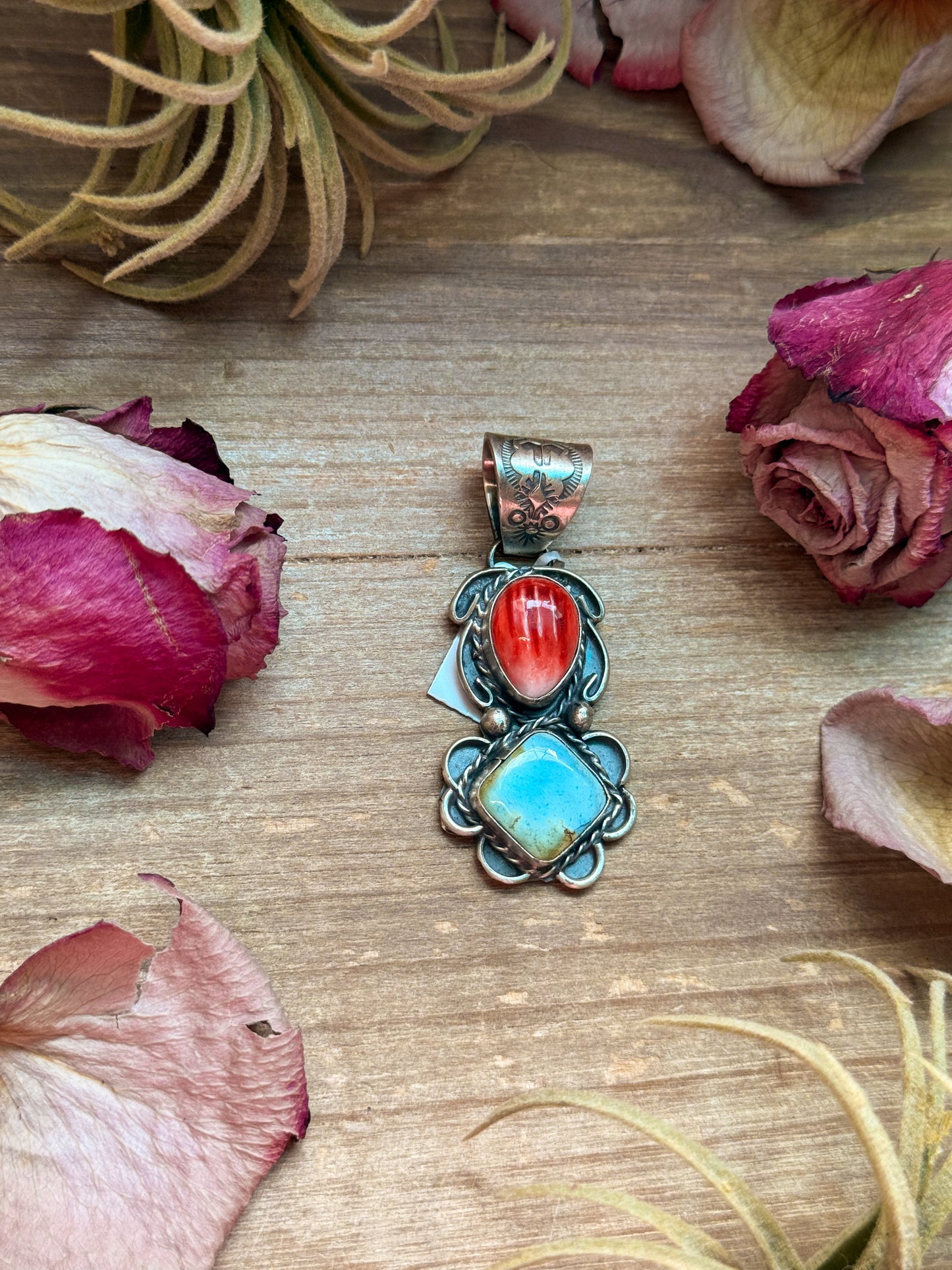 Red Spiny Oyster & Golden Hills Turquoise Sterling Silver Pendant – Stamped Gilbert Nez