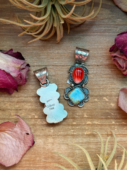 Red Spiny Oyster & Golden Hills Turquoise Sterling Silver Pendant – Stamped Gilbert Nez