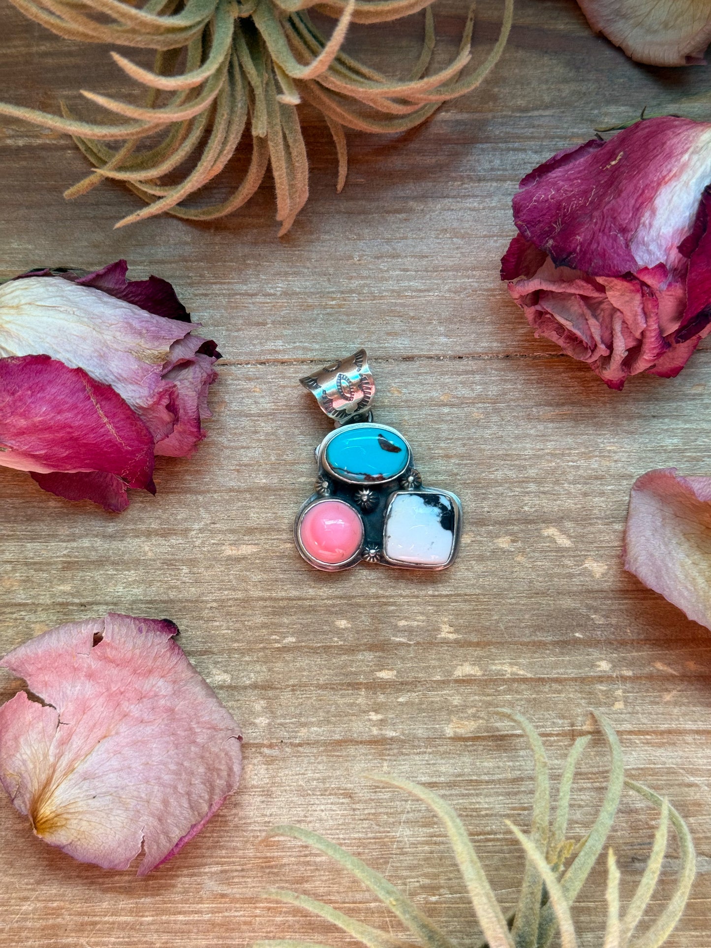 Sterling-silver pendant with Kingman turquoise, pink conch, and White Buffalo stones, 1.5 inches long by 1.25 inches wide, 6 mm bail, handmade in New Mexico USA