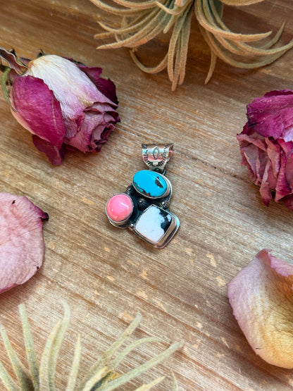 Kingman Turquoise, Pink Conch & White Buffalo Sterling Silver Pendant