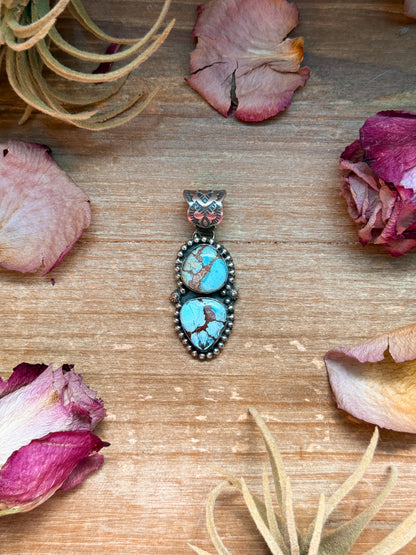 Sterling-silver pendant with Golden Hills turquoise, 2.25 inches long by 1 inch wide, 8 mm bail, handmade in New Mexico USA