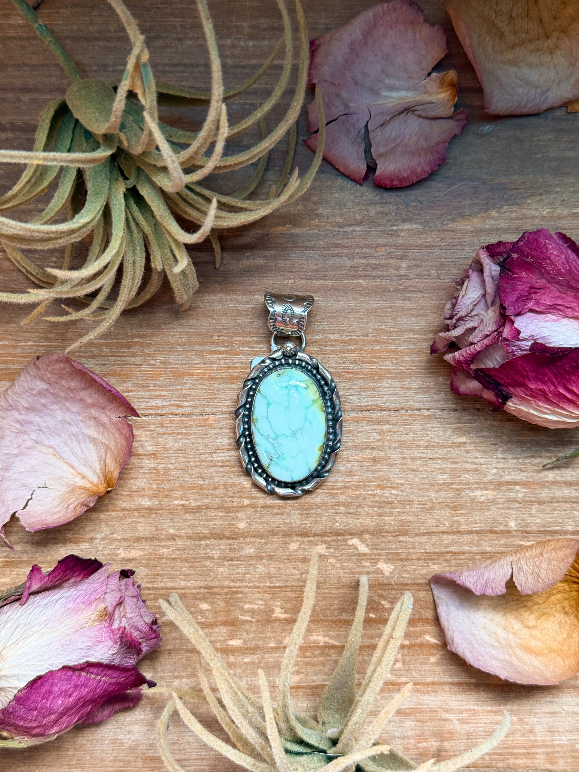 Oval sterling-silver pendant with Palomino turquoise, 2 inches long by just over 1 inch wide, 6 mm bail, handmade in New Mexico USA