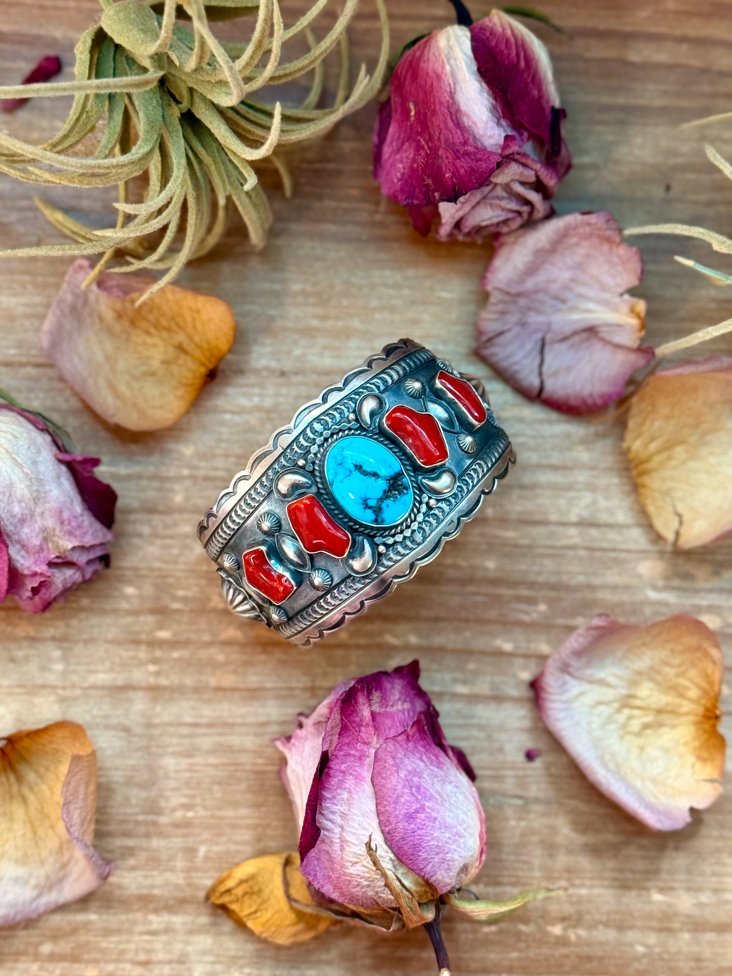 Sterling-silver cuff bracelet with coral and turquoise stones, stamped Errick, detailed silverwork, slight flex, handmade in the USA