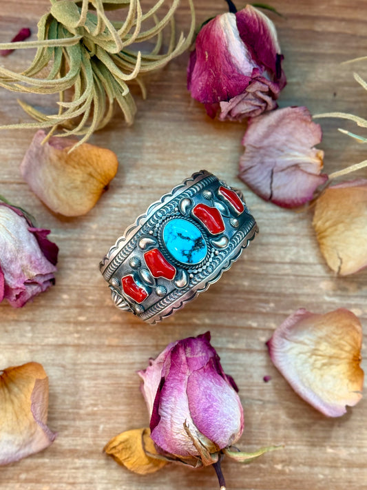Sterling-silver cuff bracelet with coral and turquoise stones, stamped Errick, detailed silverwork, slight flex, handmade in the USA