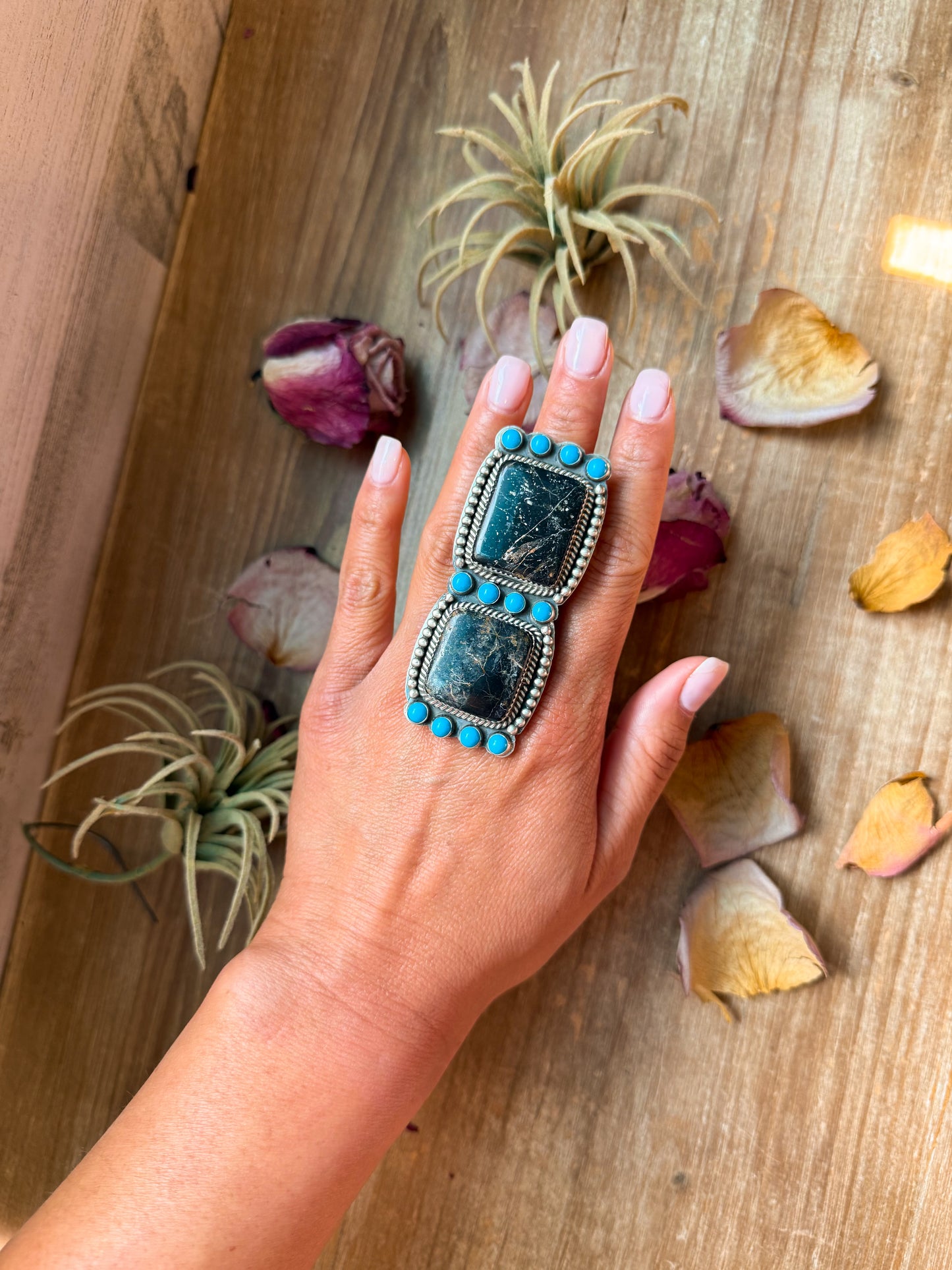 Black Jack & Kingman Turquoise Sterling Silver Statement Ring – Adjustable