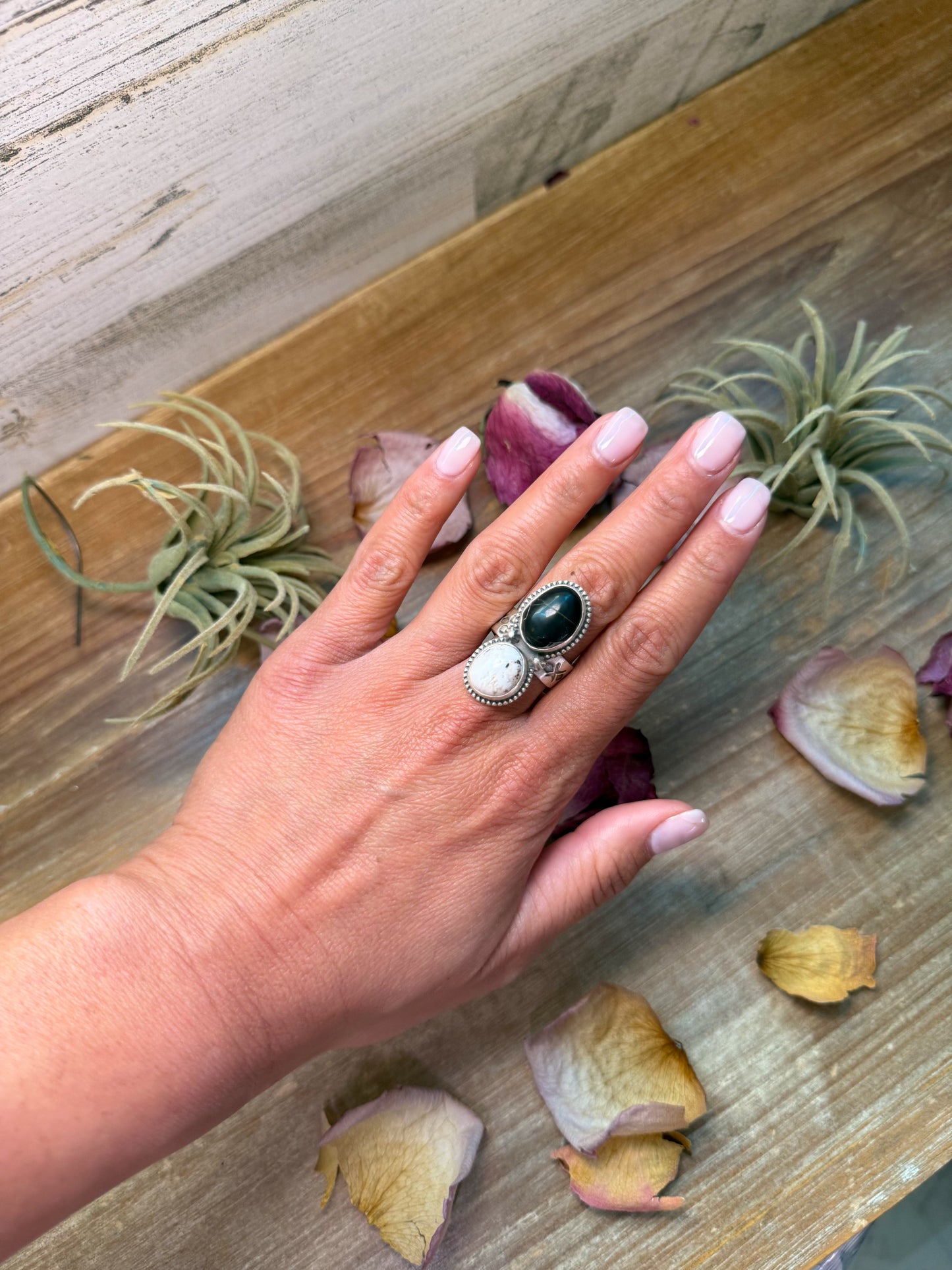 Adjustable sterling-silver ring with natural White Buffalo stone, black and white mix pattern, handmade in the USA