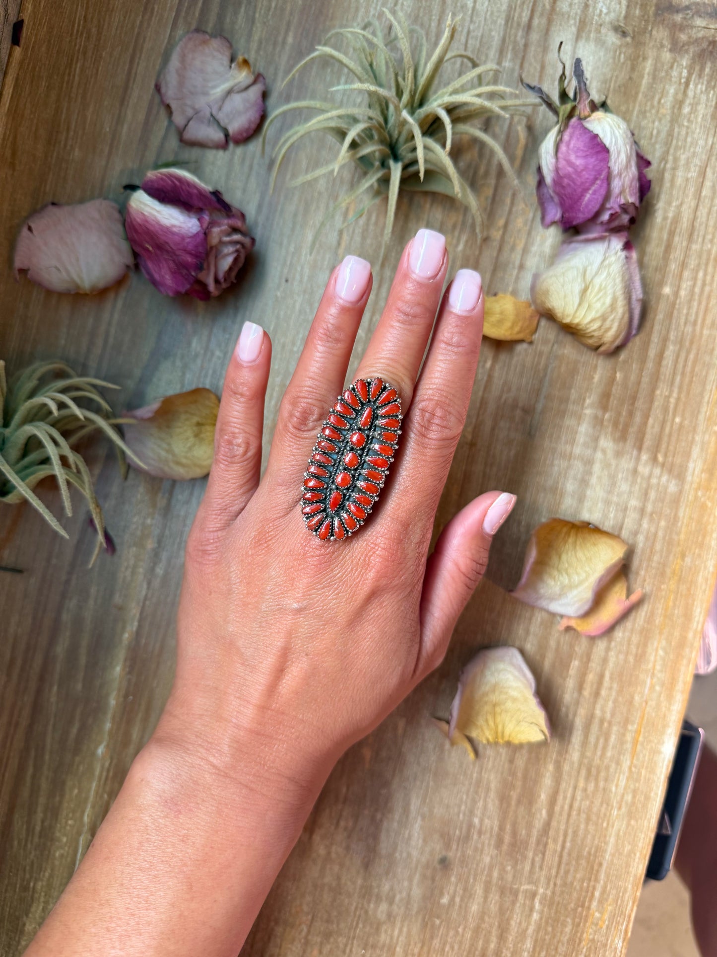 Red Coral Cluster Sterling Silver Ring – Size 9