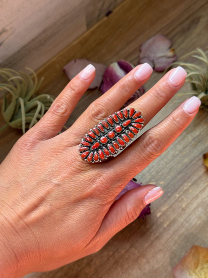 Native made sterling-silver cluster ring with red coral stones, size 9, stamped JSW and Sterling, handmade in the USA