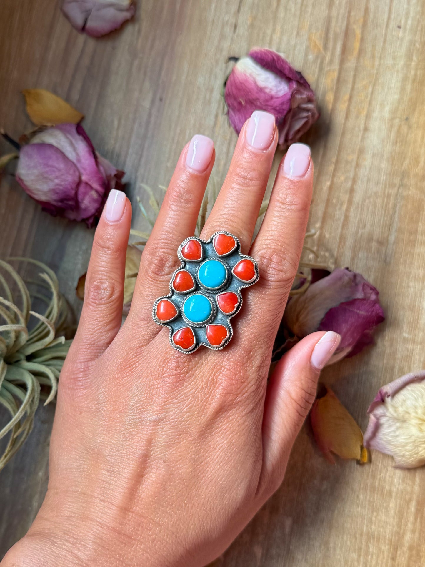 Adjustable sterling-silver ring with red coral and Kingman turquoise stones, stamped Sterling, vintage look, handmade in the USA